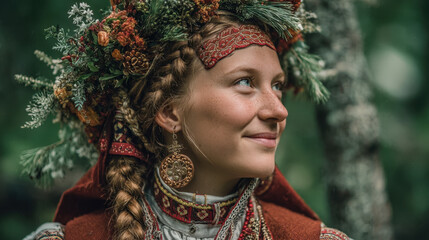 Fototapeta premium Portrait of a Young Woman in Traditional Red and Green Embroidered Costume with Floral Headpiece in a Forest Setting
