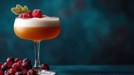 An elegant cocktail with creamy foam, garnished with fresh raspberries and mint leaves, sits against a dark blue backdrop, inviting a taste of its delicious flavor.