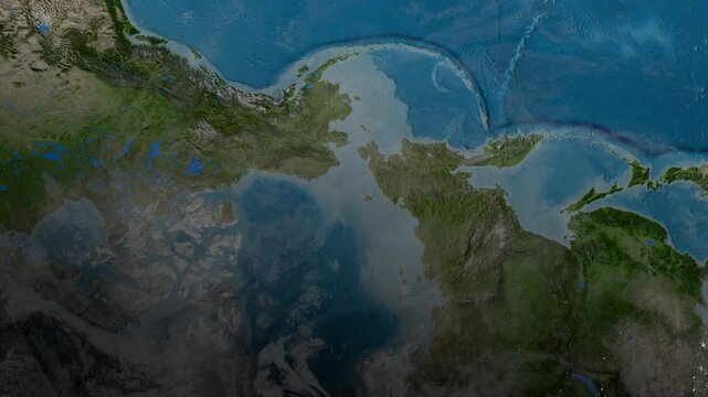 Zoom out from a top view of flat earth model with the moving clouds layer. Ancient, geocentric concept of universe.