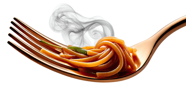Steam rising from a forkful of pasta: A delectable forkful of perfectly cooked pasta, glistening with a rich sauce, is presented with steam rising, symbolizing warmth and culinary delight.