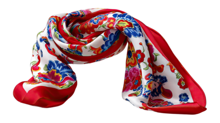 Vibrant Silk Scarf with Floral Design: A beautifully arranged silk scarf with a lively floral design, featuring an array of colors, and a seamless illustration of elegance and sophistication.