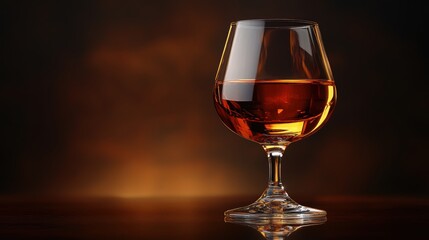 An elegant snifter glass filled with amber liquor sits on a reflective surface, illuminated by warm lighting against a blurred, sophisticated background scene.