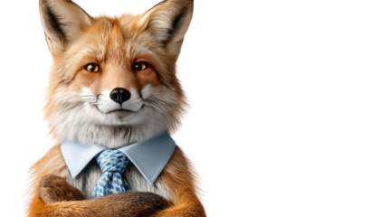 Smart fox in attire : A cunning fox stands confidently, dressed in formal business attire, radiating intelligence and charm. Its composed expression invites the viewer to ponder its wisdom.