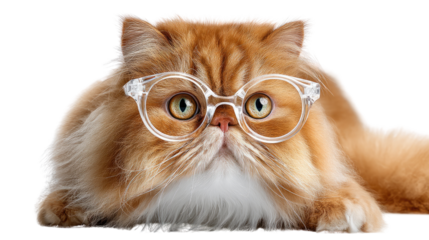 Clever Cat's Curious Gaze: A fluffy ginger cat adorned with stylish glasses, exuding an air of scholarly curiosity. This whimsical image captures the cat's unique personality.