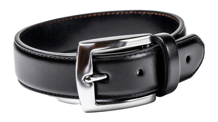Leather Belt with Silver Buckle: A close-up shot of a stylish black leather belt featuring a sleek silver buckle, exuding sophistication and timeless style.