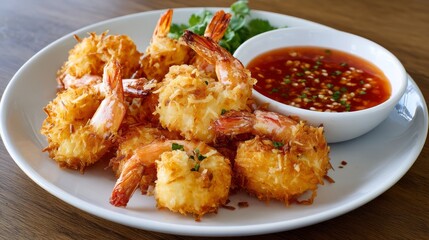 Crispy Coconut Shrimp with Dipping Sauce on a Wooden Table