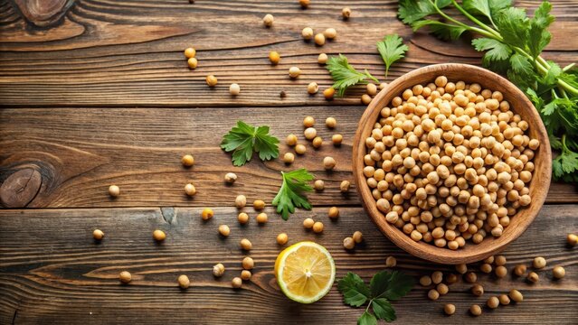 Chickpeas with scattered cumin seeds on a wooden table, surrounded by coriander leaves and lemon wedges , chickpeas