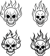 Flaming Skull Tattoo Set. Black Line Art Fire Skull Vector Icons