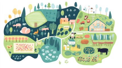 A concept map linking farming, food processing, and consumption in a farm-to-fork cycle.