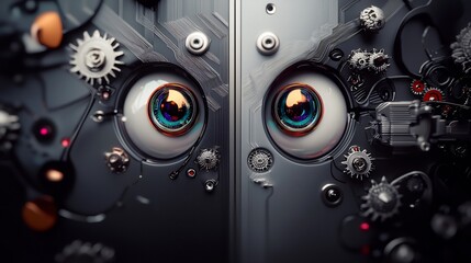Two large, expressive eyes, part of a complex machine. Gears, metal parts, and intricate mechanisms surround the eyes