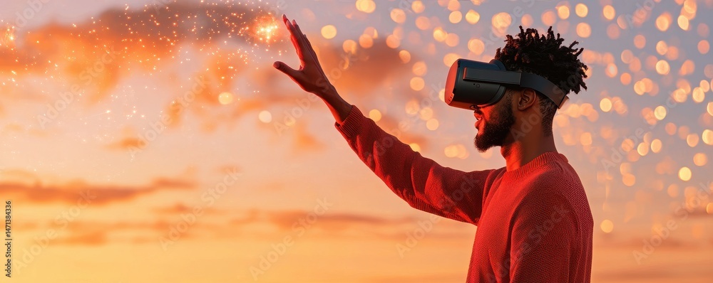 Poster a man wearing virtual reality goggles interacts with glowing lights in a sunset setting, embodying f