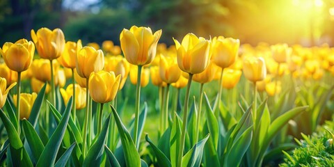 Vibrant yellow tulips sway gently in the spring breeze amidst a sea of vibrant green grass in a picturesque garden landscape
