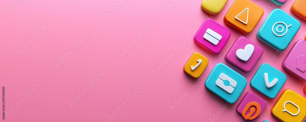Poster colorful, 3d app icons with various symbols are arranged on a pastel pink background, creating a pla