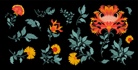 Vintage Mughal Floral Elements Set Traditional Indian Botanical Ornaments for Textile, Print, and Decor Design © ArinaKram