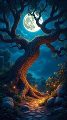 Enchanted Forest at Night with Twisted Tree and Full Moon Illumination