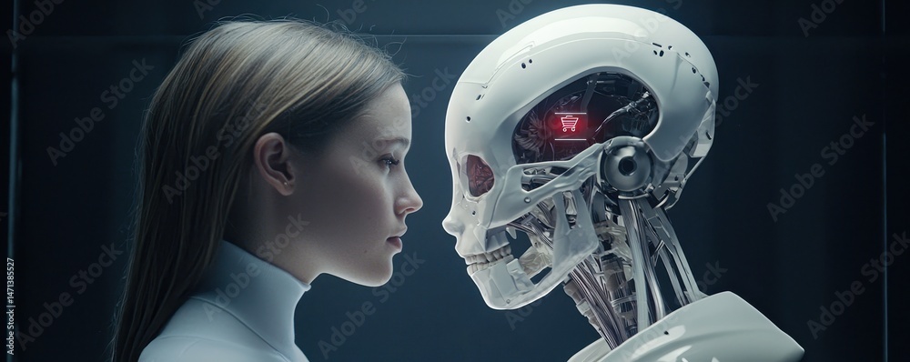 Poster a woman and a humanoid robot face each other closely, highlighting the connection and contrast betwe