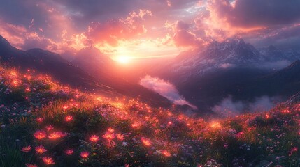 Obraz premium Serene alien landscape with otherworldly terrain, wildflowers, and soft glowing light 