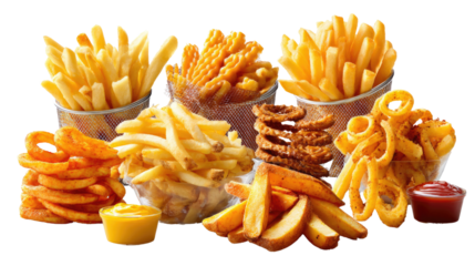 Golden Fries Assortment: An appetizing selection of various golden-fried potato dishes, each expertly crafted, rests together ready to indulge viewers with crispy textures and irresistible flavors.