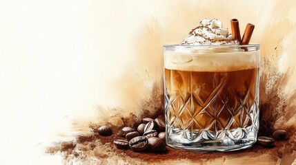 A visually appealing glass of espresso coffee drink with cream, coffee beans, and cinnamon sticks evokes a cozy atmosphere with painted-style background art.