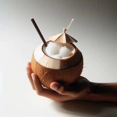 Hand holding a coconut shell filled with es kelapa muda and a straw