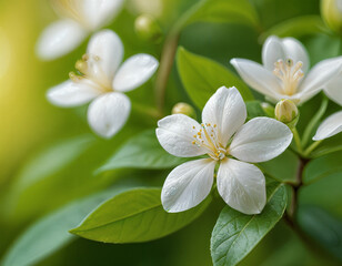 Naklejka premium Close-up of radiant white jasmine blooms with vibrant green foliage and a soft, dreamy light.