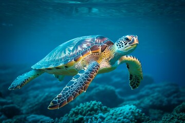 Obraz premium Majestic Green Sea Turtle Gracefully Swimming in Vibrant Ocean Coral Reef