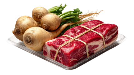 Culinary Delight: A culinary still life showcases a fresh, expertly prepared cut of tied meat alongside a selection of garden-fresh root vegetables.