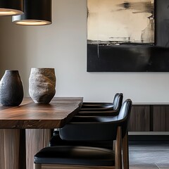 Modern dining room with neutral tones and organic materials. A sleek wooden dining table with minimalist black leather chairs. Abstract artwork on the walls and natural stone accents.