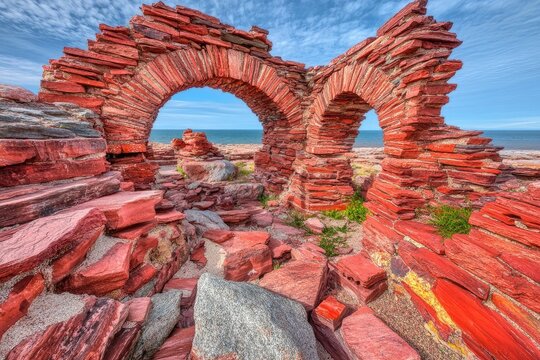Red stone ruins overlooking the ocean