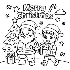 Cute Christmas coloring page with Santa Claus and a boy holding a gift box near a decorated tree. Festive holiday line art for kids with 'Merry Christmas' text and holiday icons.