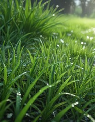 Obraz premium Vibrant green grass blades, dew drops glistening , dew, photosynthesis