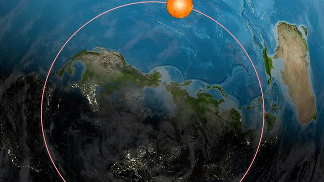 Top view of flat eart. Spaceship is moving away from flat earth model into space. Ancient, geocentric concept of universe.