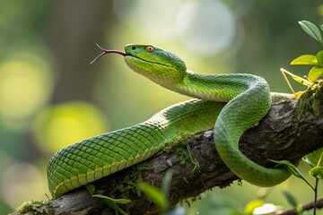 Green Snake on Branch with Natural Lighting and Vivid Scale Detail in Wilderness