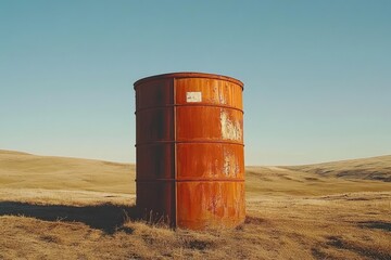Obraz premium Rusty cylindrical tank stands alone in a vast, golden field under a pale sky. The tank displays signs of age and weathering
