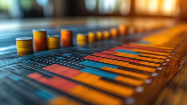 Colorful financial data visualization with coins and bar graphs