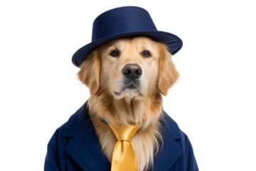 Golden retriever wearing hat tie and jacket on a black background, golden retriever, dog, pet, animal, hat, tie, jacket, costume, dressed up, studio shot, black background, portrait, canine, funny