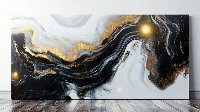 Abstract art piece featuring swirling black, white, and gold patterns on a canvas in a modern interior