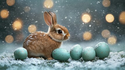 Rabbit and Painted Eggs in Winter Scene