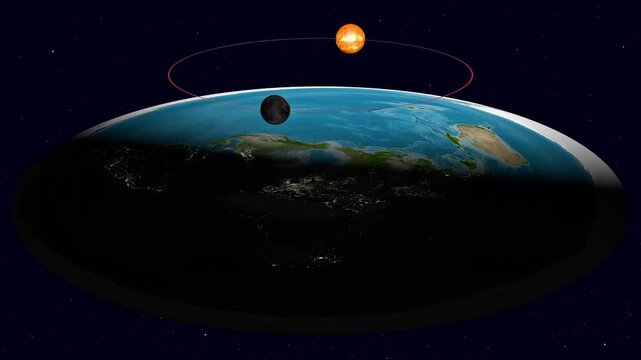 Zoom out from Flat Earth model and camera revolution around the disc. No clouds. Ancient, geocentric concept of universe.. 