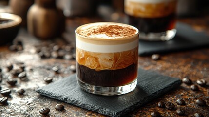 A tantalizing White Russian cocktail rests on a slate coaster surrounded by scattered coffee beans, its creamy layers a perfect blend of coffee and liquor.