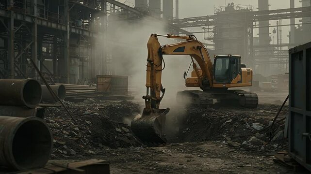 Excavator Digging at Industrial Site Slow Motion