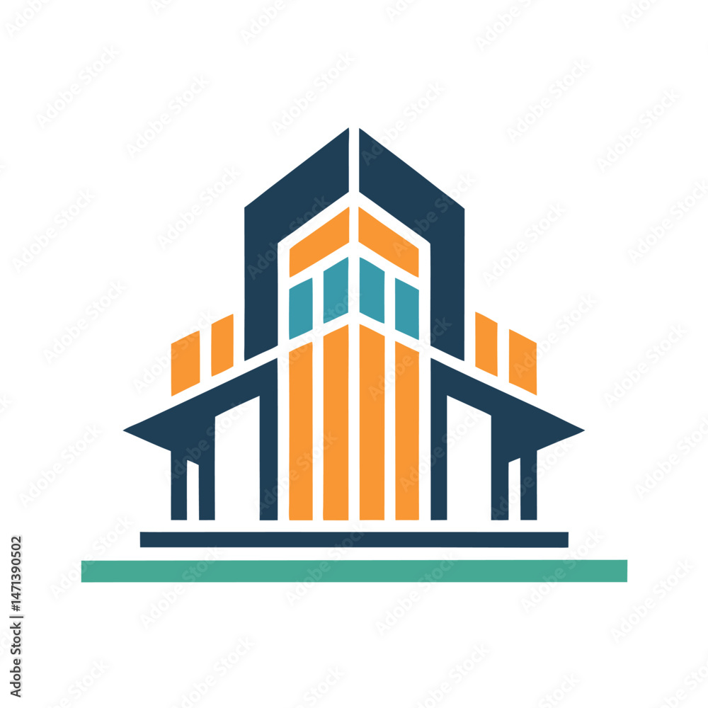 Poster elegant vector logo design featuring a modern building illustration with geometric shapes and contra