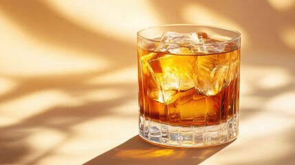 A refreshing whiskey cocktail is served in a glass with ice cubes, beautifully lit creating captivating shadows on a neutral background, enhancing its appeal.
