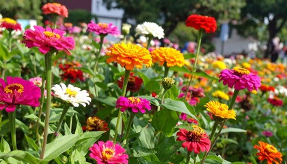 Fototapeta premium Vibrant Zinnia Field in Full Bloom on Sunny Day