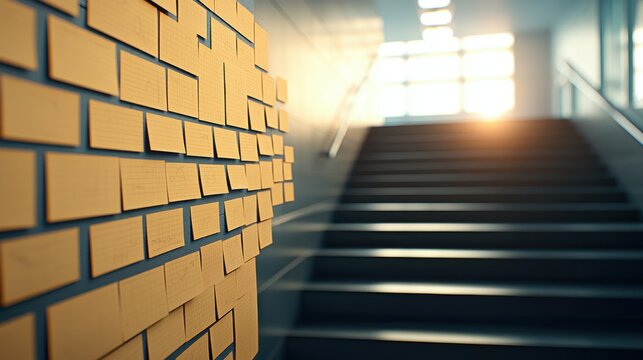 dementia memory diagnosis memories visual concept. Stairs with a wall of yellow notes and warm light streaming in.