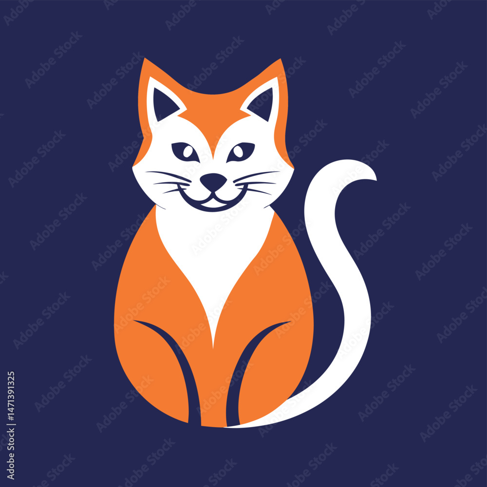 Poster cute vector illustration of a sitting cat in a minimalist style with a prominent tail and expressive