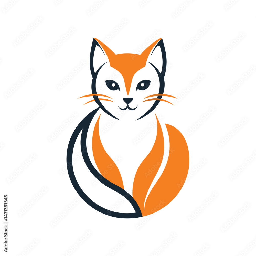 Poster cute vector illustration of a sitting cat in a minimalist style with a prominent tail and expressive