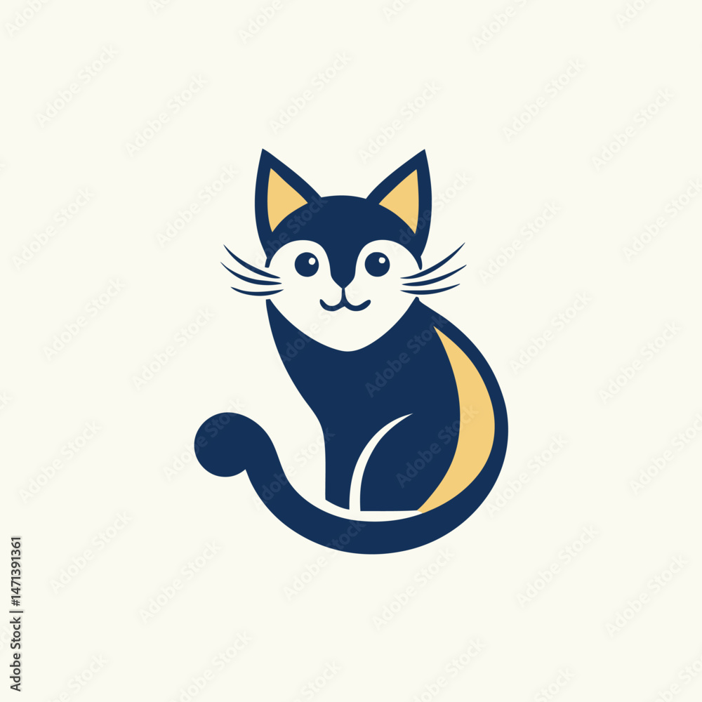 Poster cute vector illustration of a sitting cat in a minimalist style with a prominent tail and expressive