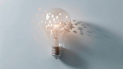 A glowing light bulb with star-shaped cutouts casts dreamy shadows against a soft blue background, symbolizing imagination and creativity.