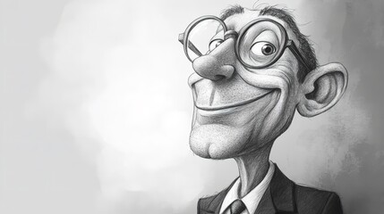 Joyful caricature a smiling man in glasses pencil sketch monochrome art textured portrait expressive